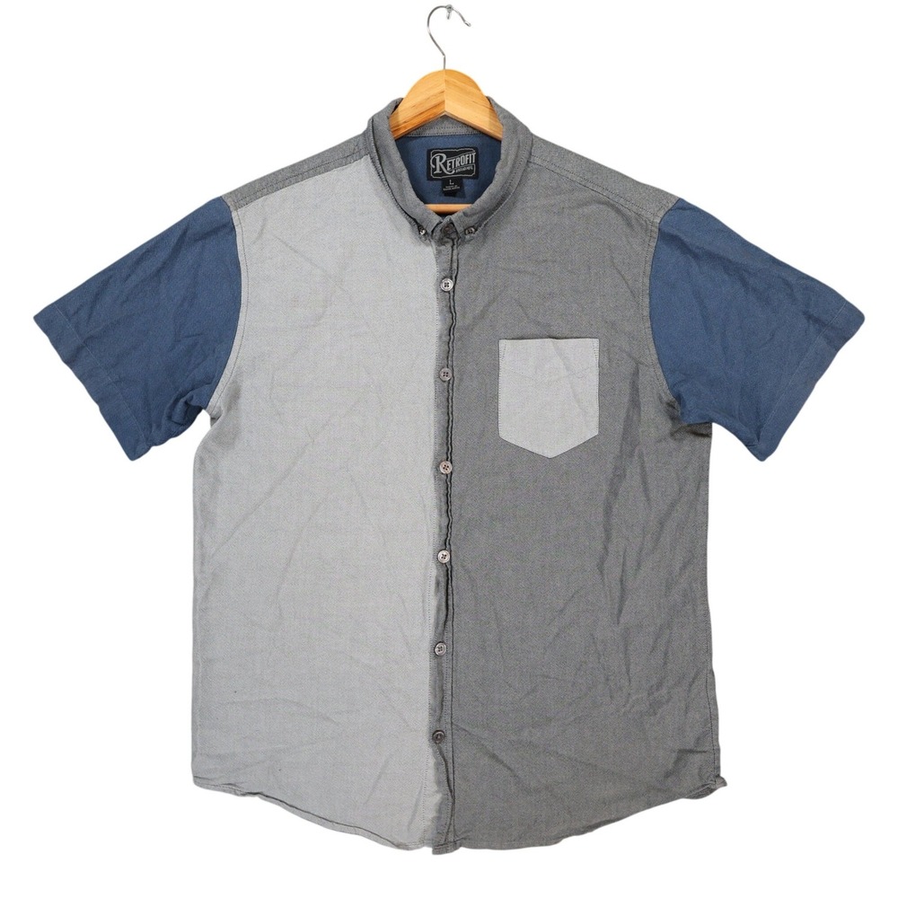 Retrofit Button Down Shirt Mens Large‎ Gray Blue Cotton Colorblock Short Sleeve